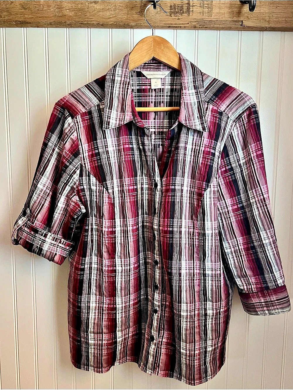 Christopher & Banks Fall Plaid Button Down Shirt in Pink and Burgandy XL